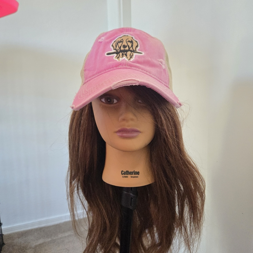 Light Pink hat with Sadie the golden retriever